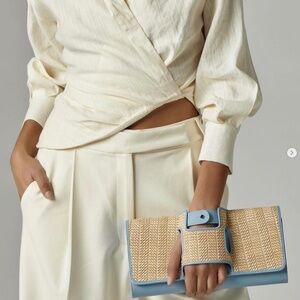 Perrin Paris La Capitale Raffia And Leather Glove Clutch New With Tags